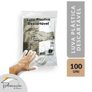 Imagem de um pacote de Luvas Plásticas Descartáveis ​​contendo 100 unidades, ideal para higiene e proteção em espaços de bronzeamento. Produto feito de polietileno de alta densidade, tamanho único e de uso único, perfeito para procedimento